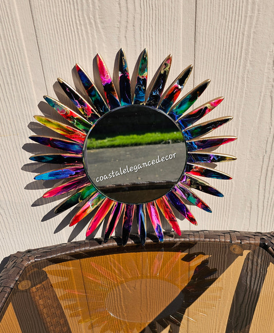 Colorful Sunburst Resin On Wood Unique Wall Mirror