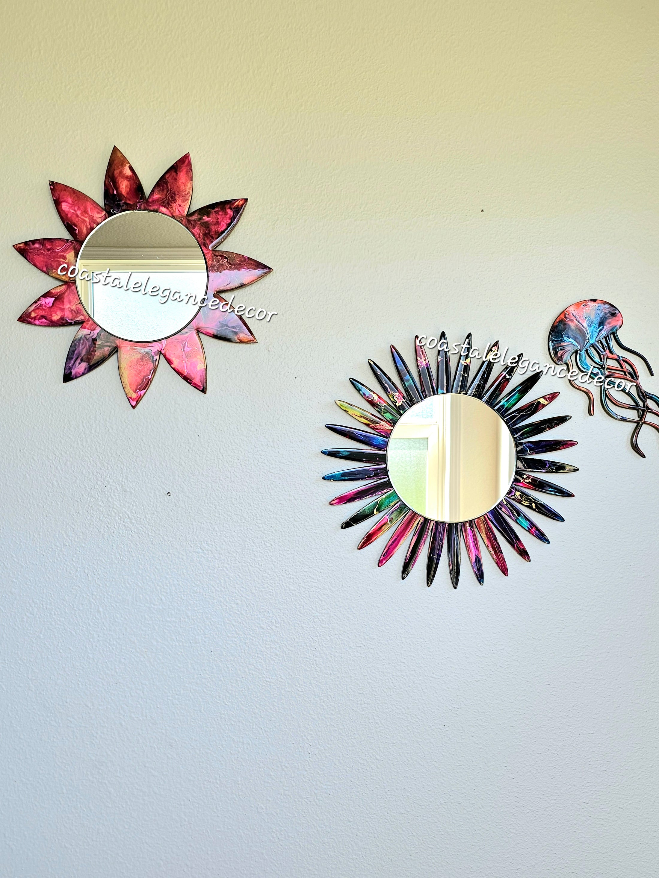 Pink Flower Resin On Wood Unique Wall Mirror