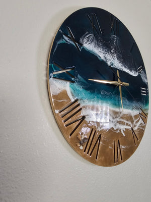 Large Roman Numeral Teal Beach Ocean Waves Wall Clock