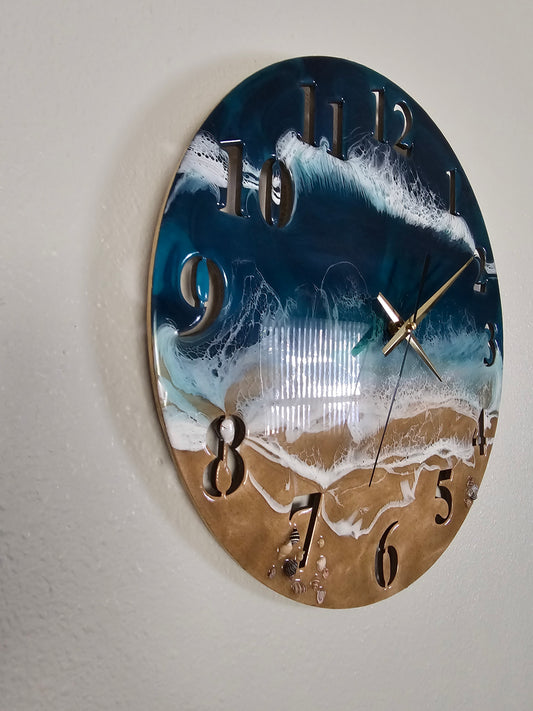 Handmade 19.5'' Beach Ocean Waves Wall Clock - Teal with Real Sand & Seashells