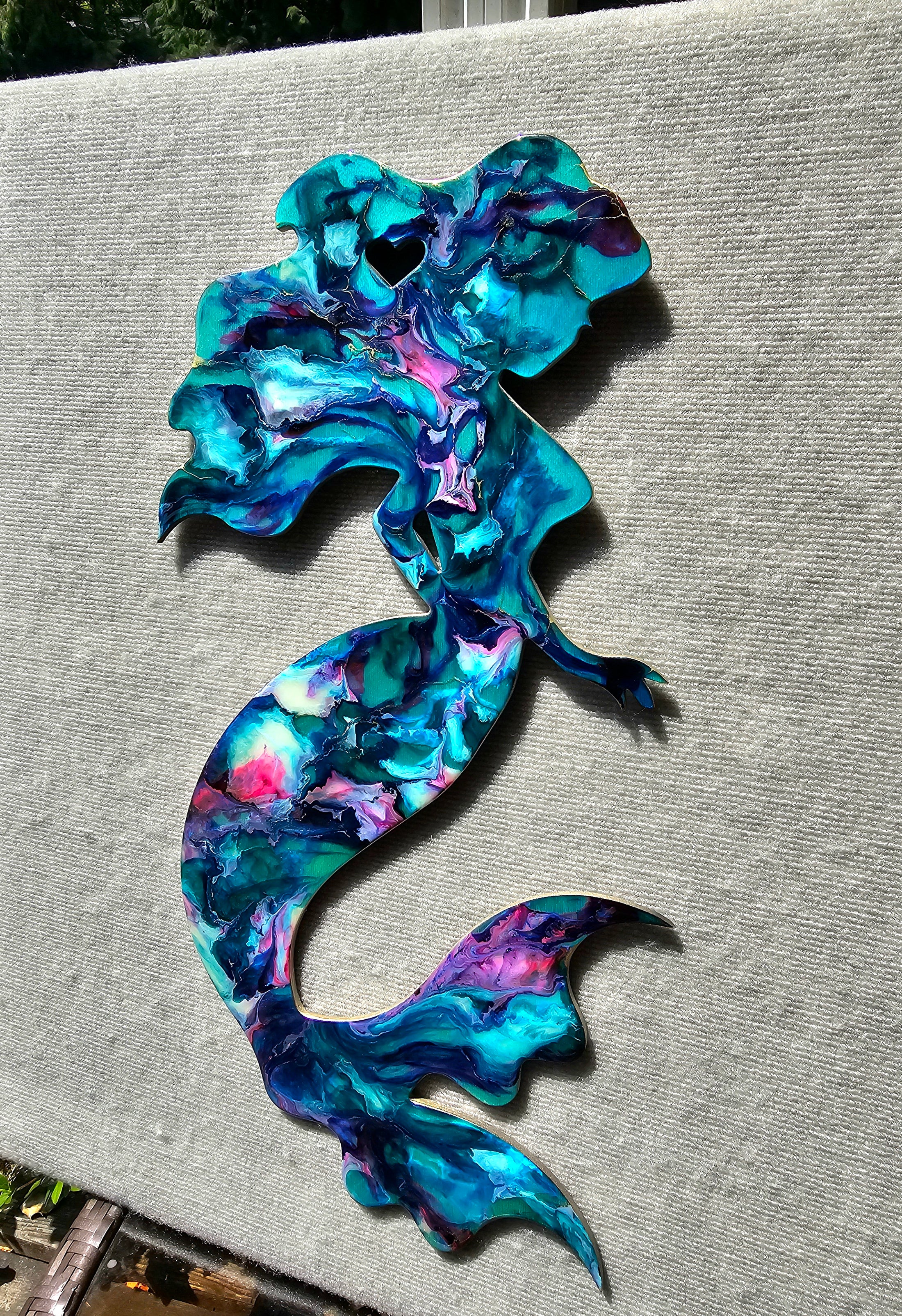 Large Handmade Mermaid Wall Art – Vibrant Colors with Curvy Hair & Heart Cutout Multiple