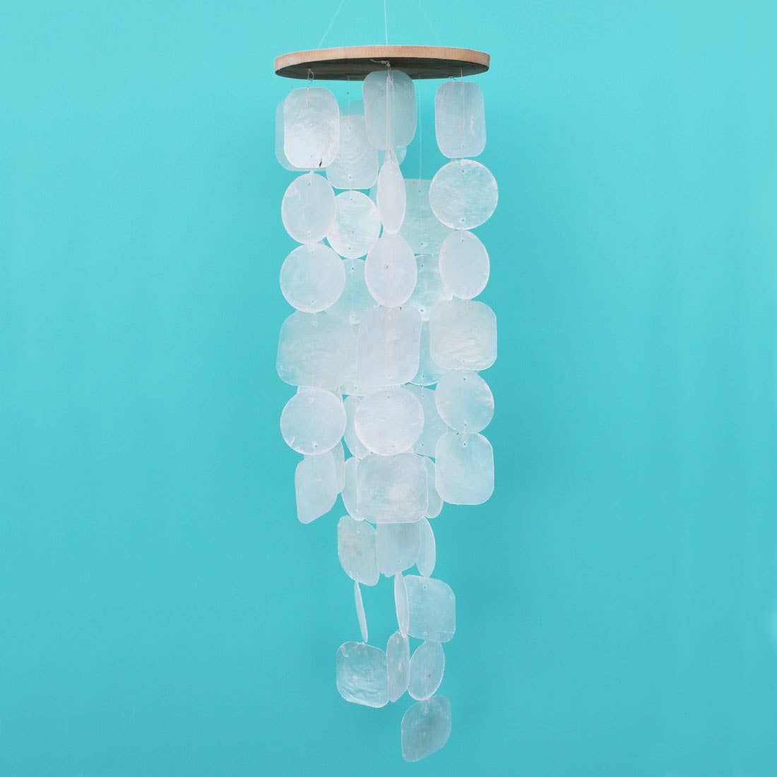 27 Inch White Capiz Shell Wind Chimes with Wooden Top for Indoor Outdoor Decor