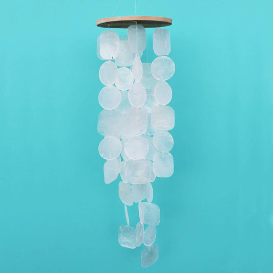 27 Inch White Capiz Shell Wind Chimes with Wooden Top for Indoor Outdoor Decor