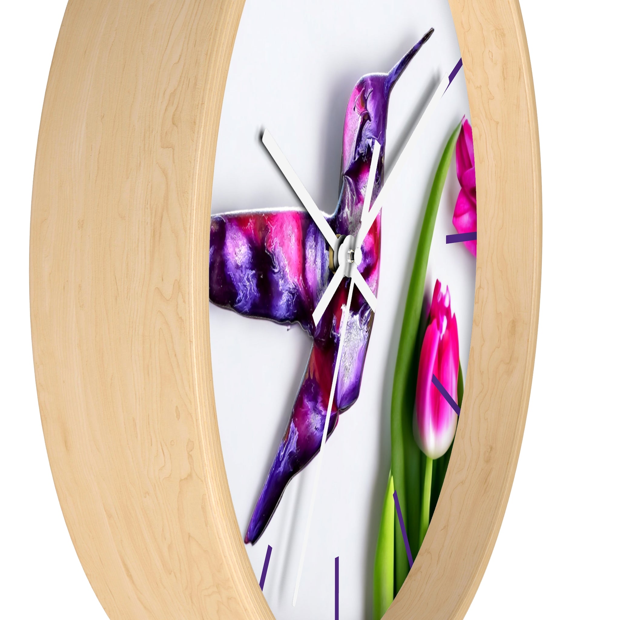 Full view of the hummingbird wall clock displaying the beautiful blend of colors in the handmade resin on wood art piece, perfect for any room.