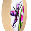 Load image into Gallery viewer, A full view of the purple print art wall clock, highlighting the beautiful handmade resin on wood elements paired with charming tulip flowers.
