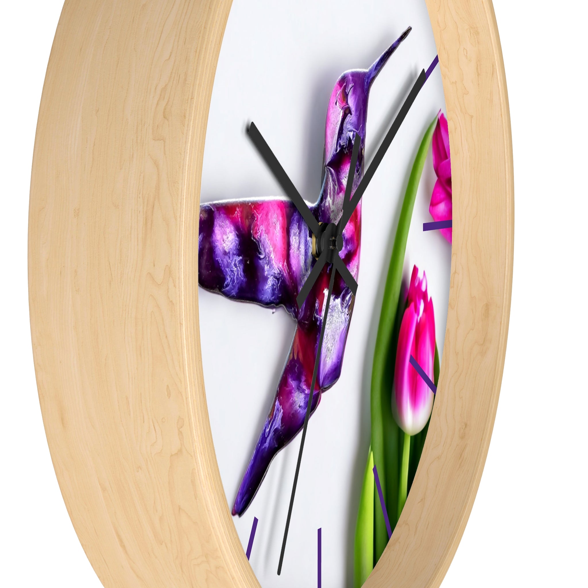 A full view of the purple print art wall clock, highlighting the beautiful handmade resin on wood elements paired with charming tulip flowers.
