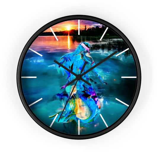 Unique wall clock featuring a printed mermaid at sunset with a handmade resin on wood design, creating a serene and vibrant accent for any space.
