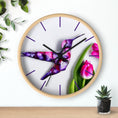 Load image into Gallery viewer, A close-up of the Purple Print Art Hummingbird Wall Clock featuring a handcrafted design that showcases handmade resin on wood decor, perfect for brightening up any room.
