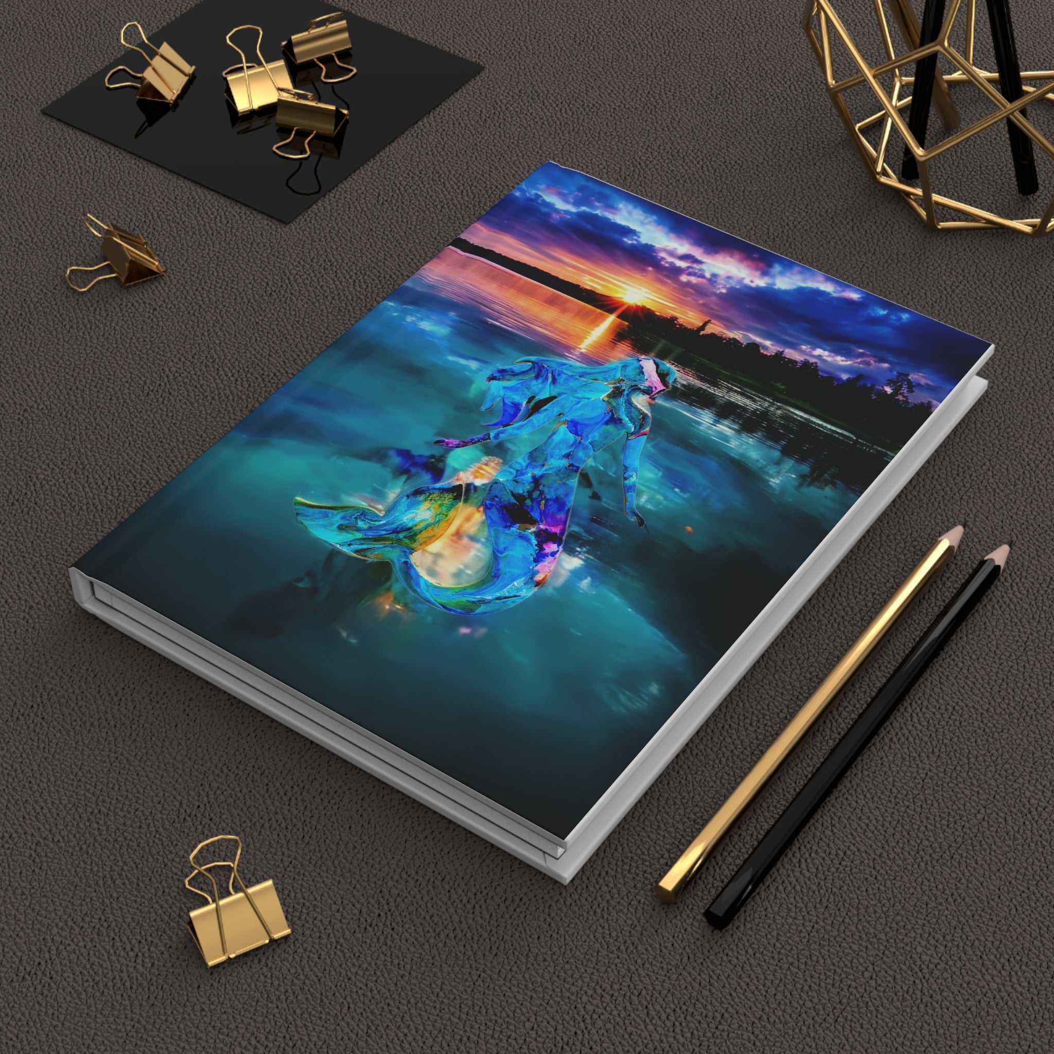 Stunning paperback journal with a wraparound print of a mermaid in water, emphasizing the handcrafted appeal of handmade resin on wood.
