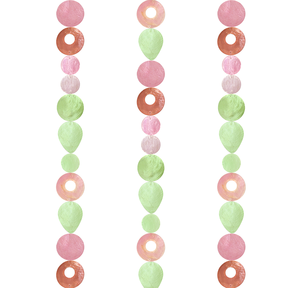 Capiz Shell Strands in Pinks and Greens 72 Inches Bougainvillea illustrating a repeating pattern of colorful capiz shells, ideal for adding a vibrant touch to patios or walls.