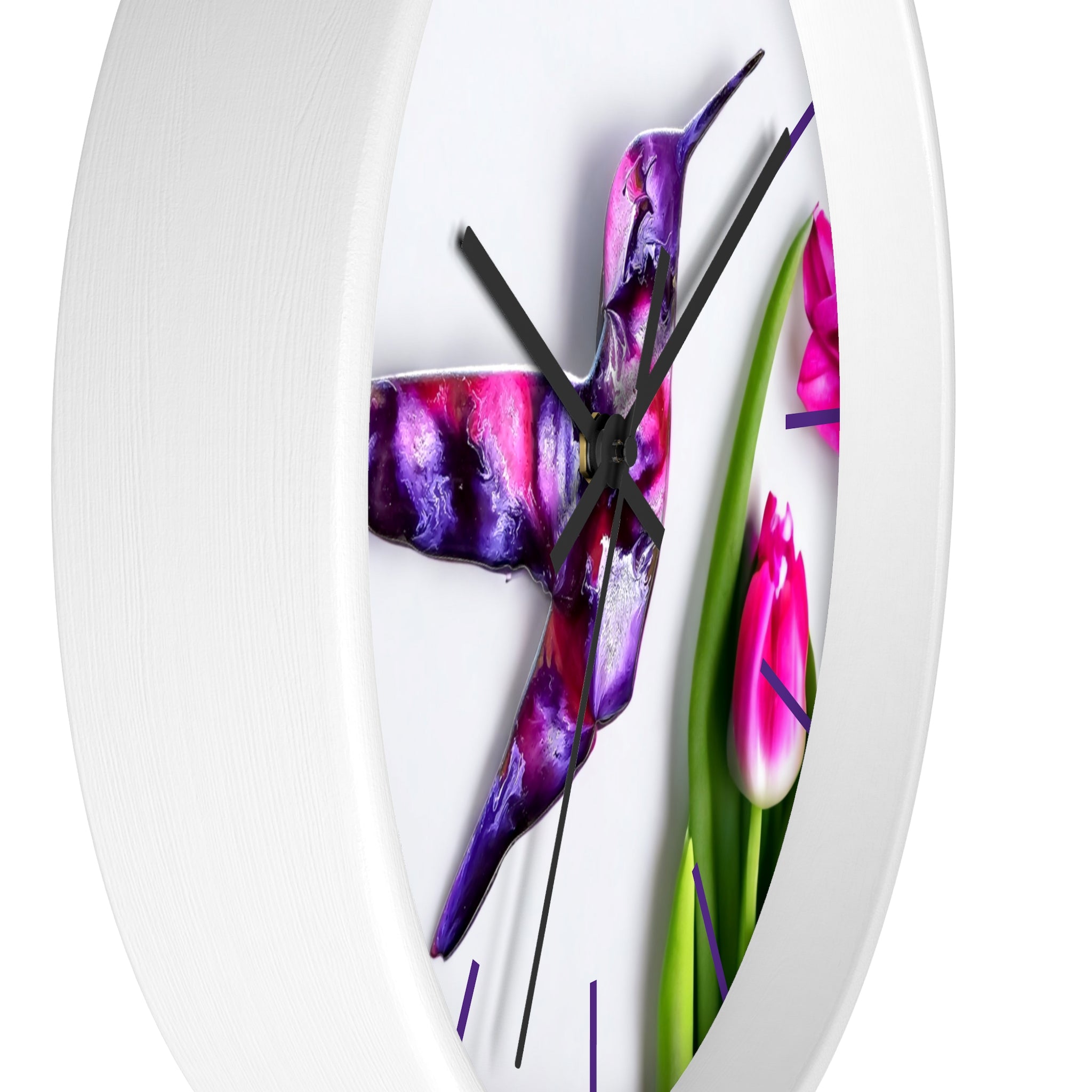 A vibrant purple print art wall clock featuring a hummingbird design, crafted from handmade resin on wood, perfect for adding a personalized touch to any room.