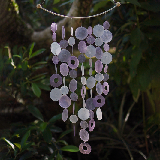 Capiz Shell Inverted Arch Wind Chimes Decor Lavender with various shapes of lavender and translucent shells, creating a beautiful design that sparkles in the light, perfect for home decoration.