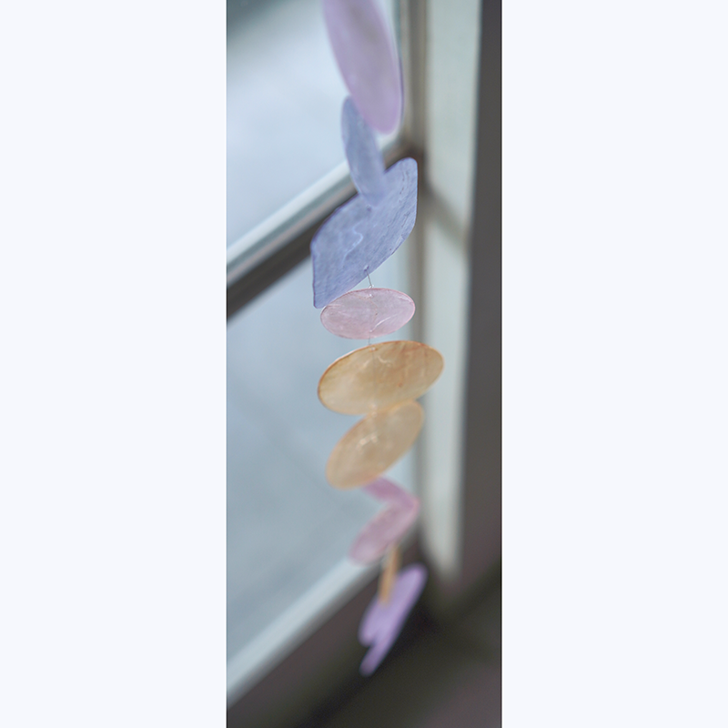 72 inch peach, pink and periwinkle capiz shell strand handmade in Bali.