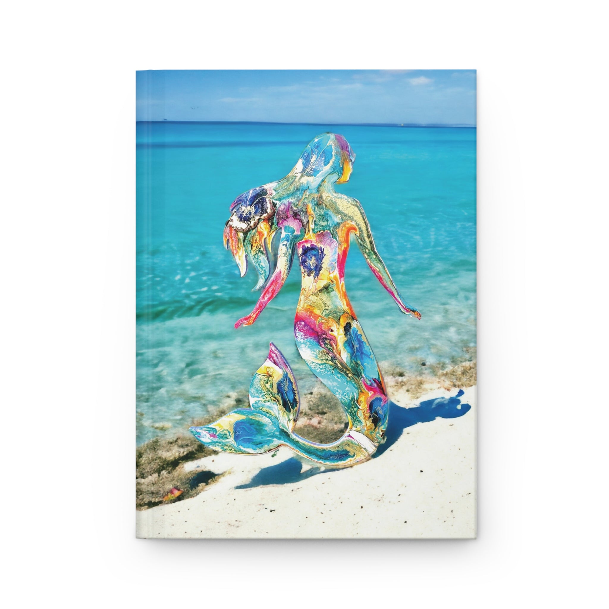 Beautiful Multi-Color Mermaid Tropical Beach Hardcover Journal with a vibrant resin mermaid design set against a clear blue ocean backdrop, showcasing its matte finish and quality craftsmanship.