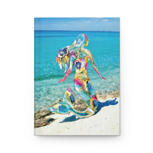 Beautiful Multi-Color Mermaid Tropical Beach Hardcover Journal with a vibrant resin mermaid design set against a clear blue ocean backdrop, showcasing its matte finish and quality craftsmanship.
