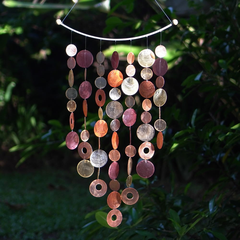 Capiz Shell Inverted Arch Windchimes Decoration in Flame Color, featuring a vibrant array of orange, gold, and brown shells, elegantly cascading down in an inverted arch shape, perfect for outdoor decor.