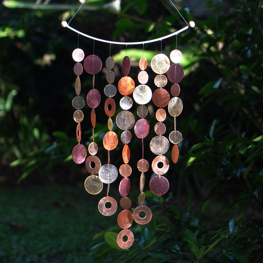 Capiz Shell Inverted Arch Windchimes Decoration in Flame Color, featuring a vibrant array of orange, gold, and brown shells, elegantly cascading down in an inverted arch shape, perfect for outdoor decor.