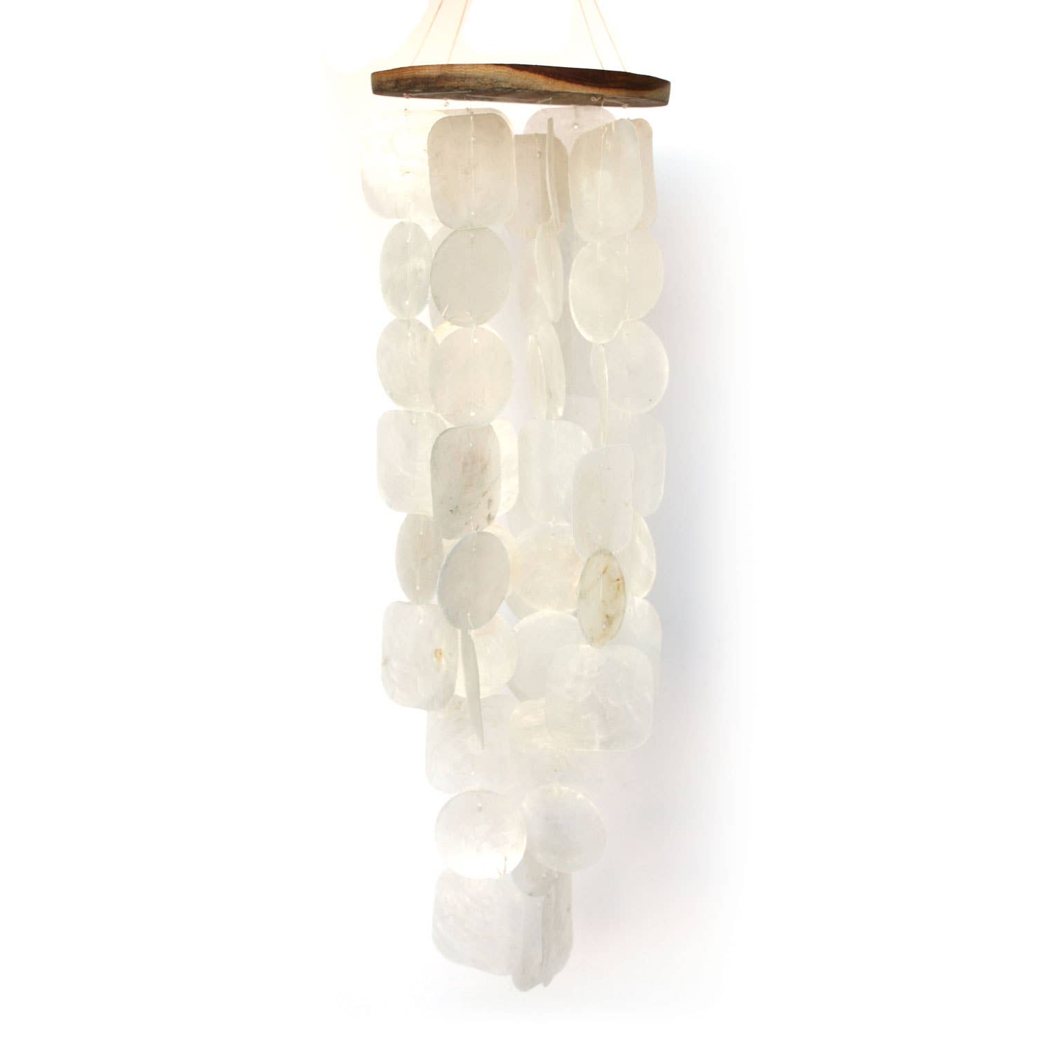 27 Inch White Capiz Shell Wind Chimes with Wooden Top for Indoor Outdoor Decor
