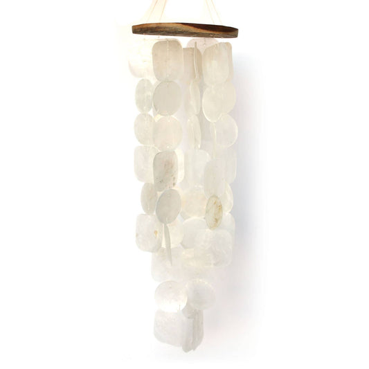 27 Inch White Capiz Shell Wind Chimes with Wooden Top for Indoor Outdoor Decor