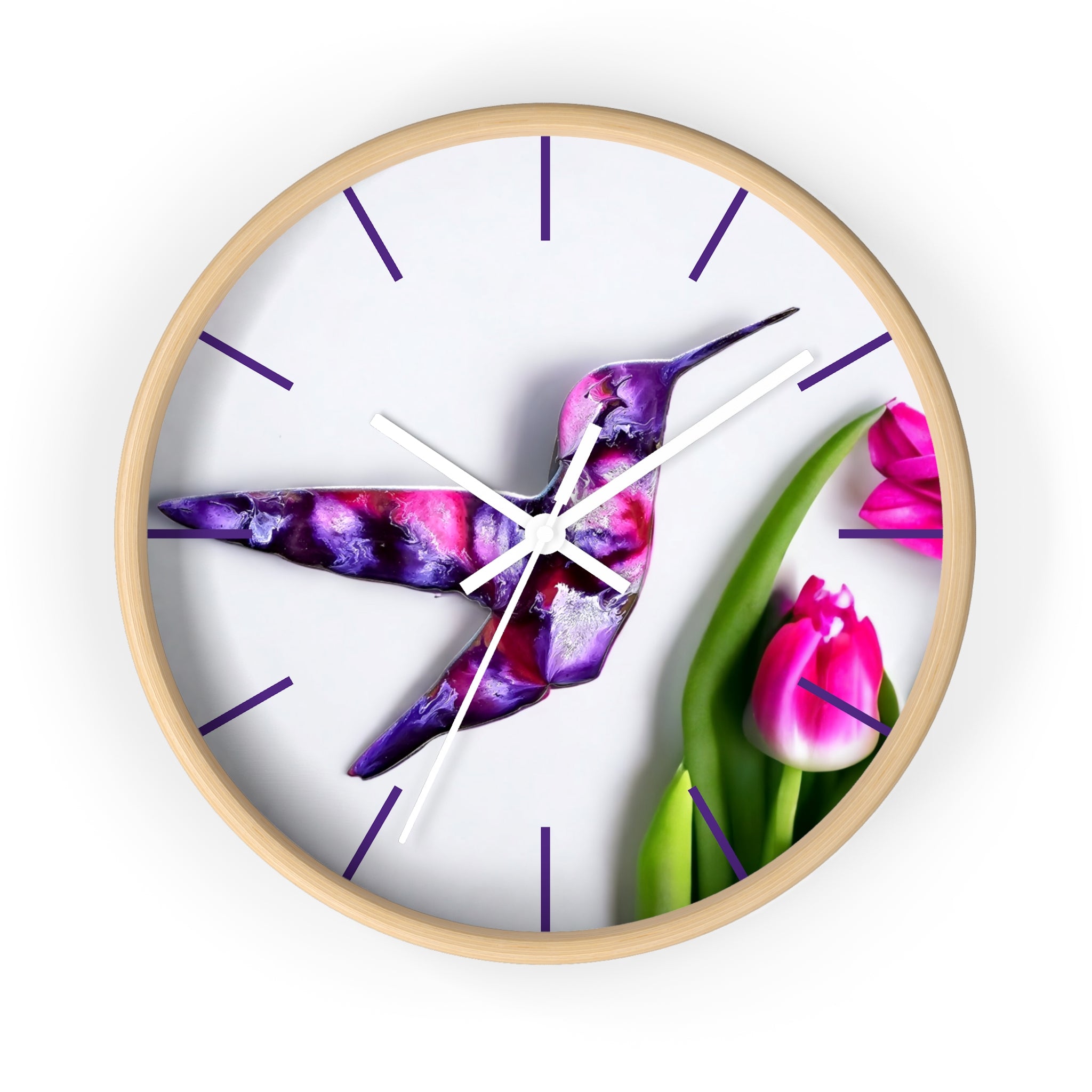 A detailed image of the hummingbird wall clock, emphasizing the quality of the handmade resin on wood that enhances the colorful background.