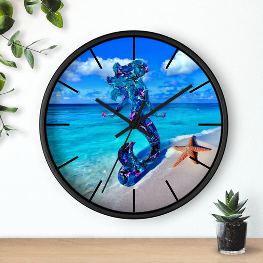 Round wall clock featuring a beautiful print of a handmade resin mermaid on wood, surrounded by tropical beach elements.