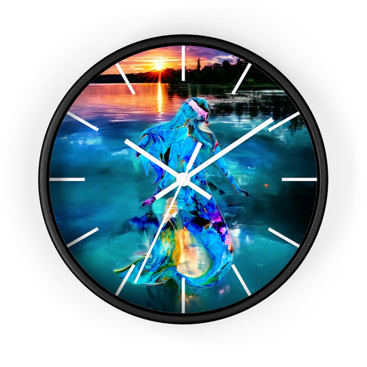 Close-up of the printed mermaid wall clock showcasing detailed artwork and the handmade resin on wood elements, perfect for beach-themed decor.