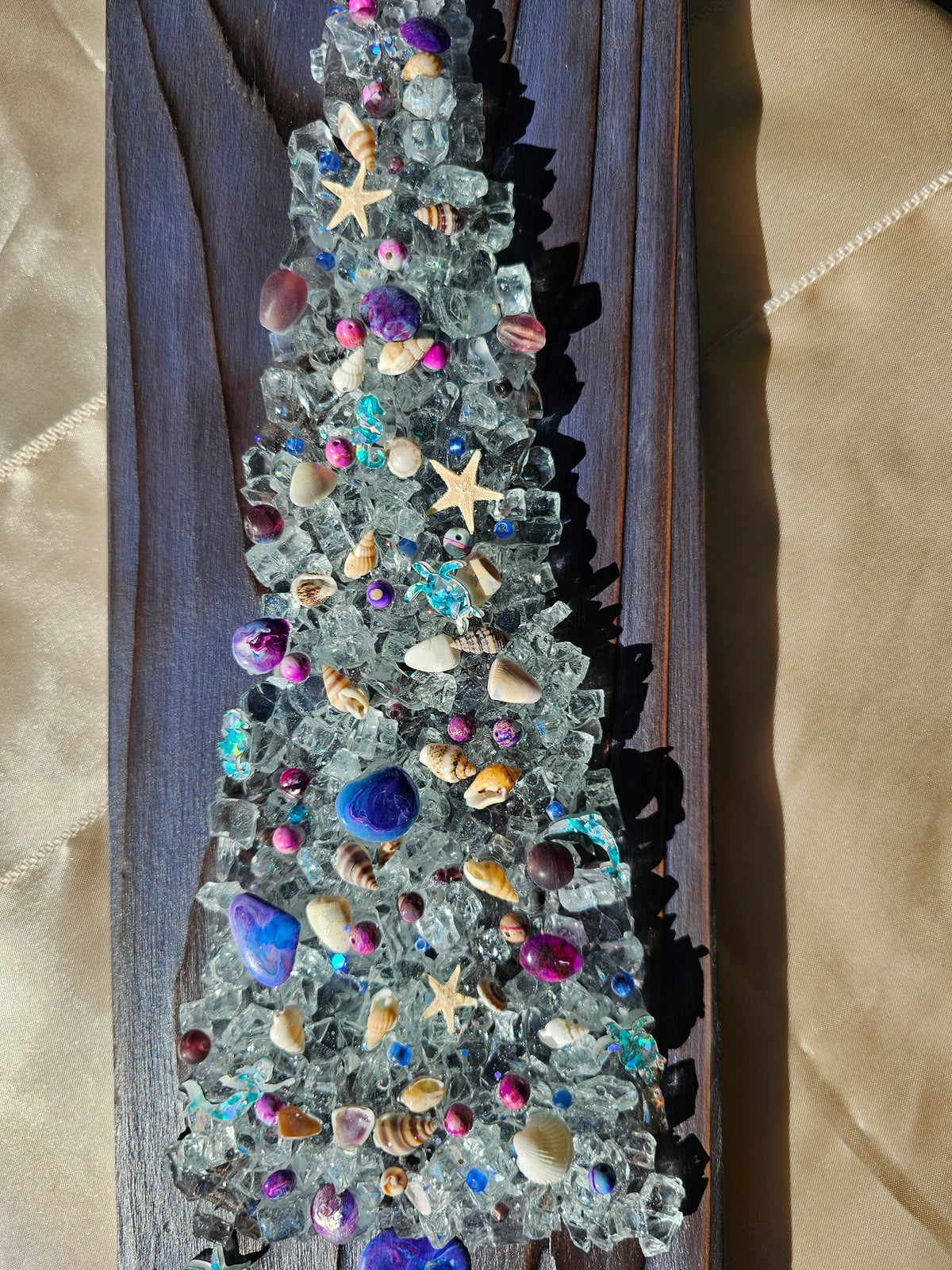 Coastal Crushed Glass Tree on Purple Shou Sugi Ban Wood (16" x 5.5")