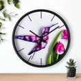 Load image into Gallery viewer, A stylish display of the Purple Print Art Hummingbird Wall Clock with intricate details of the handmade resin on wood, making it a perfect accent for modern interior decor.
