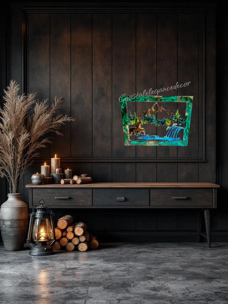 Coastal Elegance Decor mountain and wildlife wall art displayed in a dark, rustic modern living room setting.