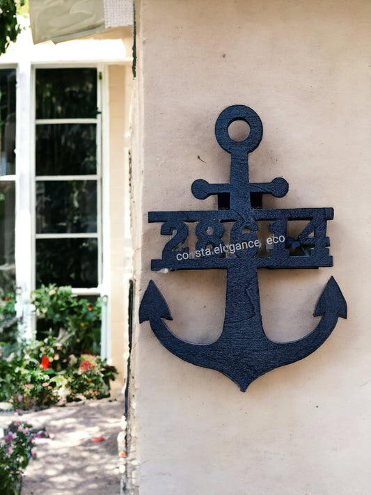 Handmade resin on wood anchor address plaque showcasing a custom beach sign framed in navy with precision laser cut details.