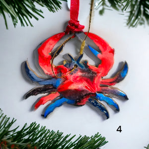 Colorful Sparkly Small Crab Beachy Christmas Resin and Wood Ornament