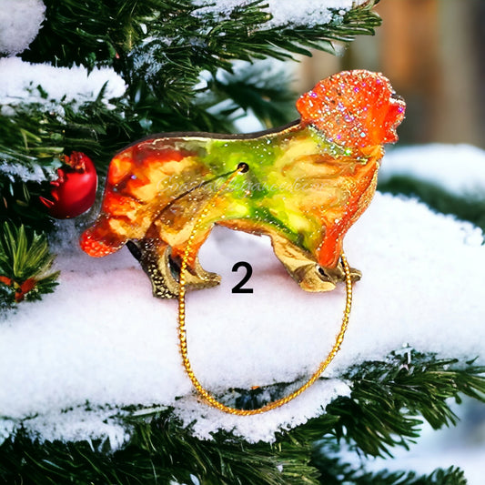 Festive handmade resin Bernese Mountain Dog Christmas ornament in multicolored tones, adorned with glitter, for a charming holiday decor touch.