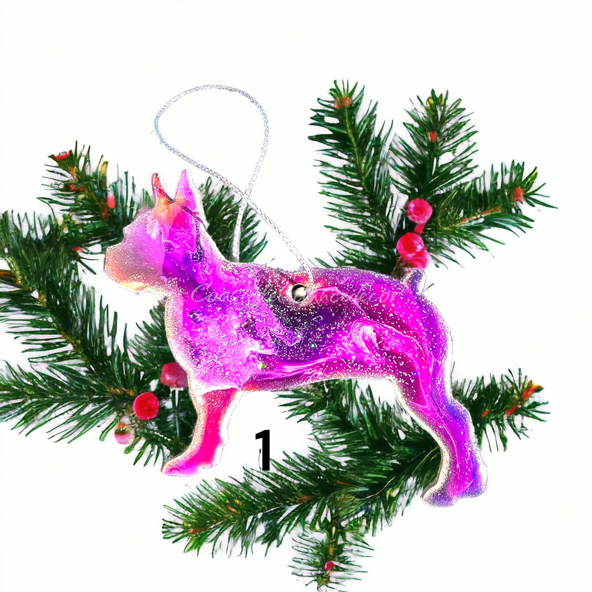 Boston Terrier Resin and Wood Christmas Ornaments