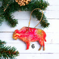 Charger l'image dans la visionneuse de la galerie, Handmade resin on wood buffalo bison ornament with metallic accents, a great gift for wildlife enthusiasts.

