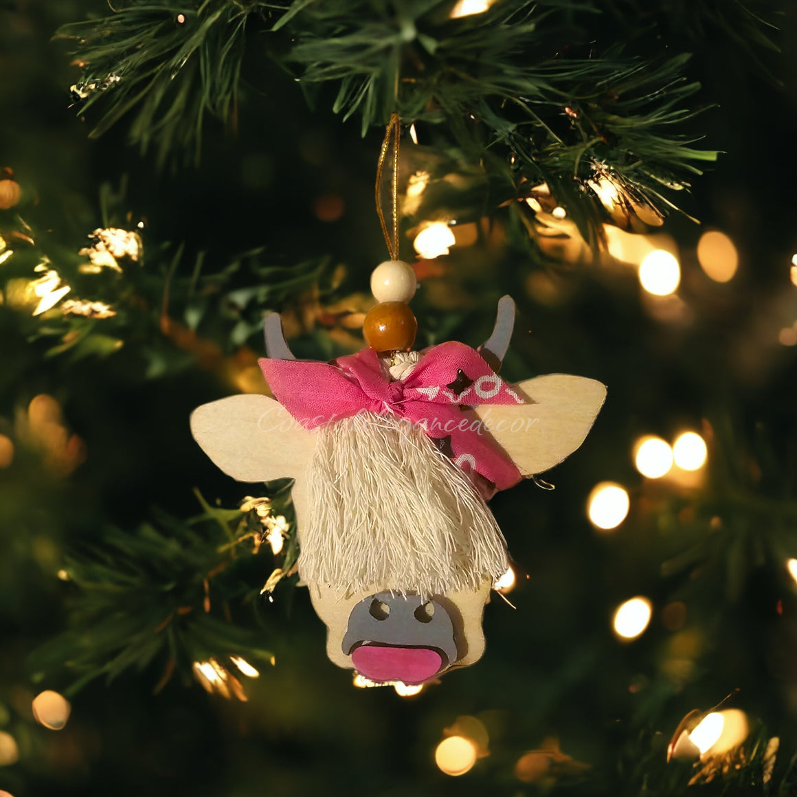 Scottish Girl Cow Barnyard Animal with Hair Bandana and  Lipstick Wooden Ornaments