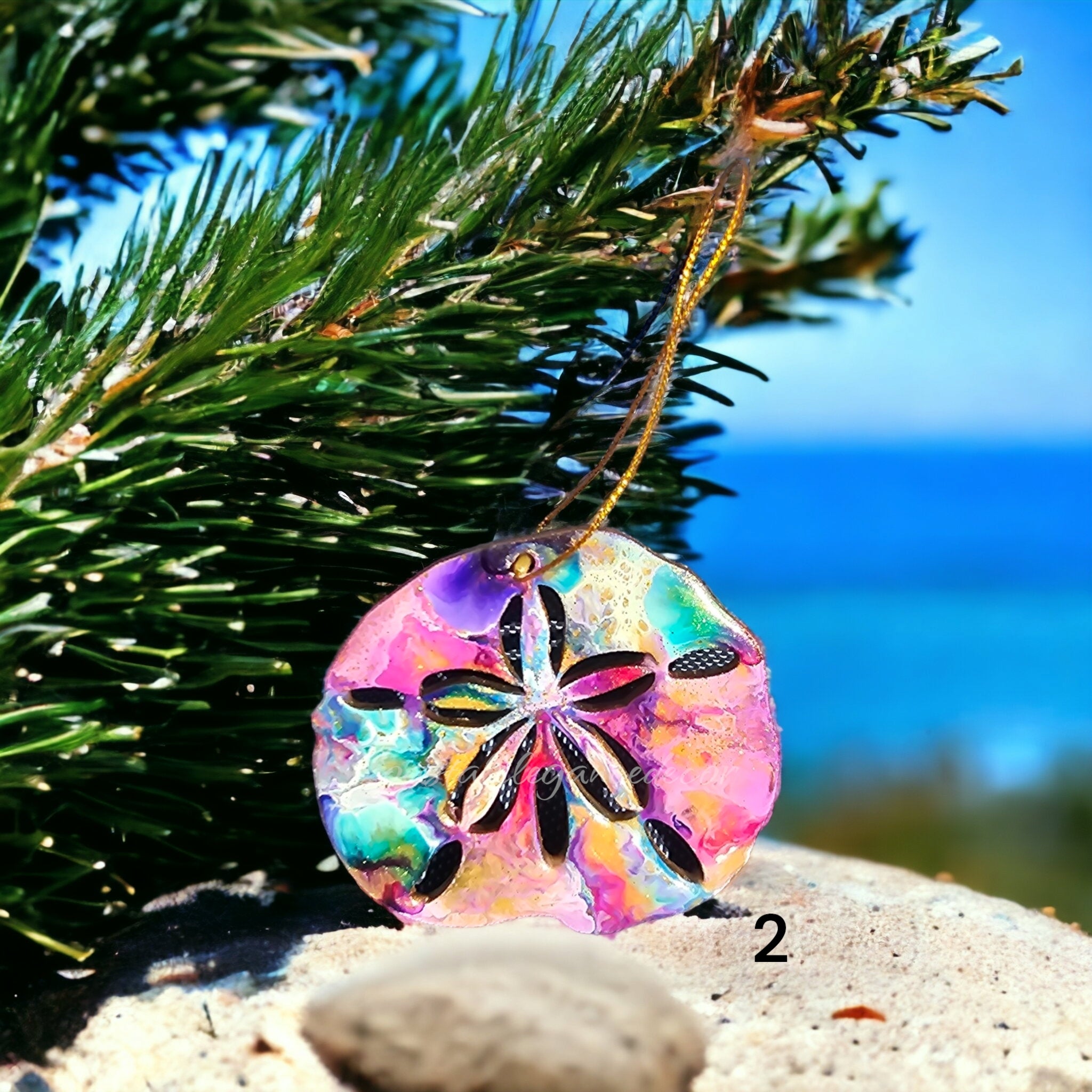 Colorful and Sparkly Beach Coastal Sand Dollar Christmas Ornaments Resin  and Wood