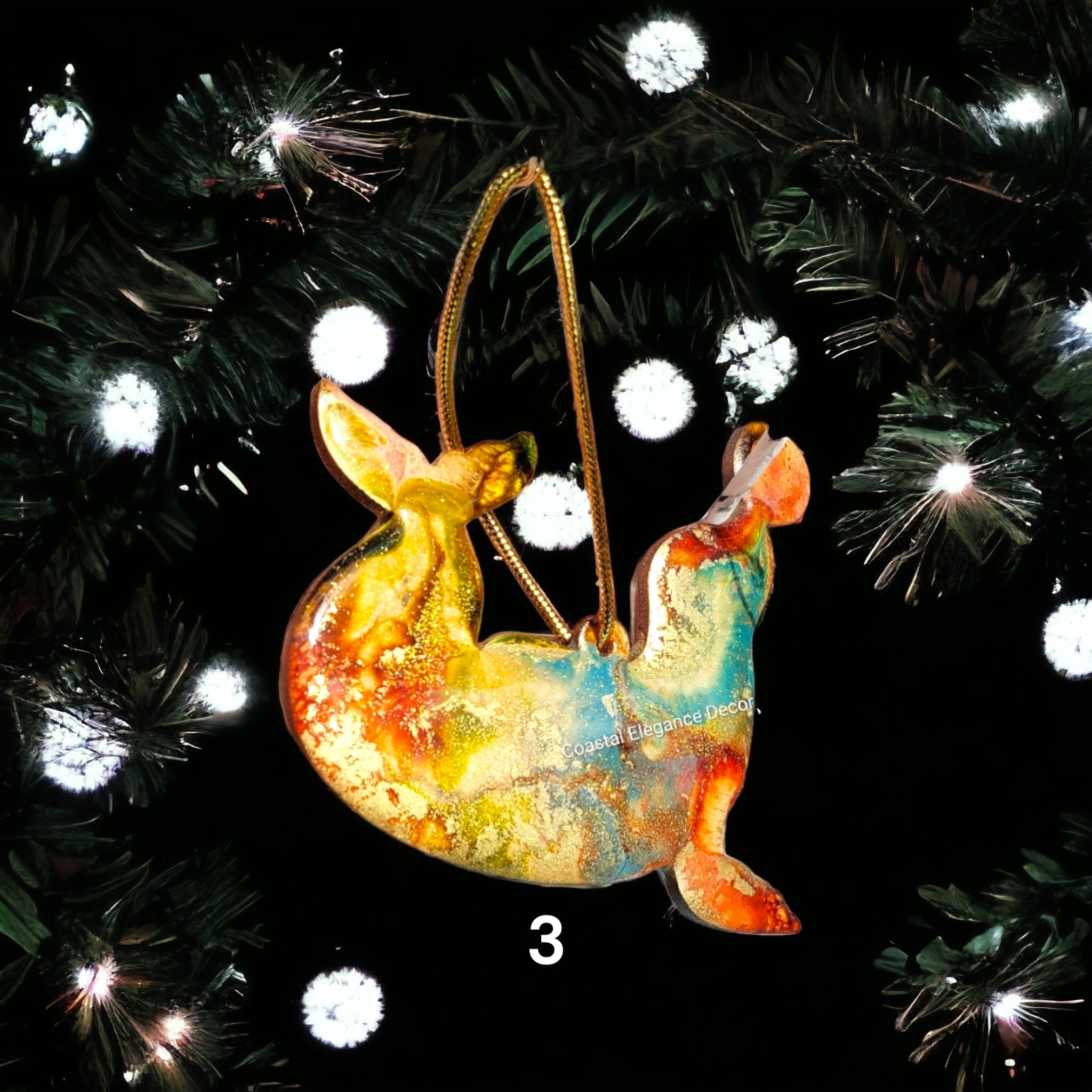 Side angle of a vibrant playful seal ornament crafted with handmade resin on wood, ideal for coastal themed decor.
