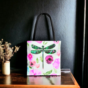 Original Art Green Dragonfly with Pink and Purple Contemporary Flowers Tote Bag 2 sizes