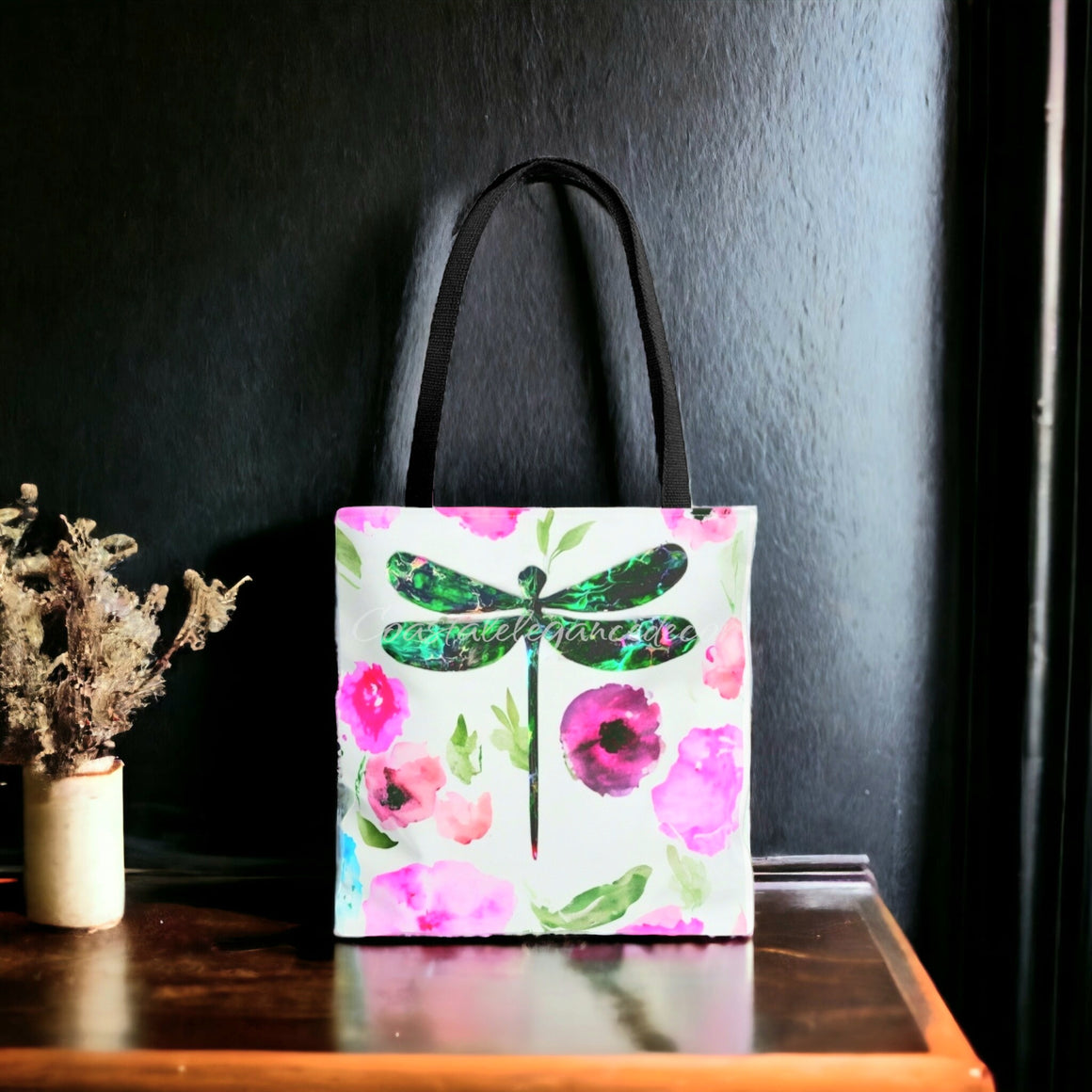 Original Art Green Dragonfly with Pink and Purple Contemporary Flowers Tote Bag 2 sizes