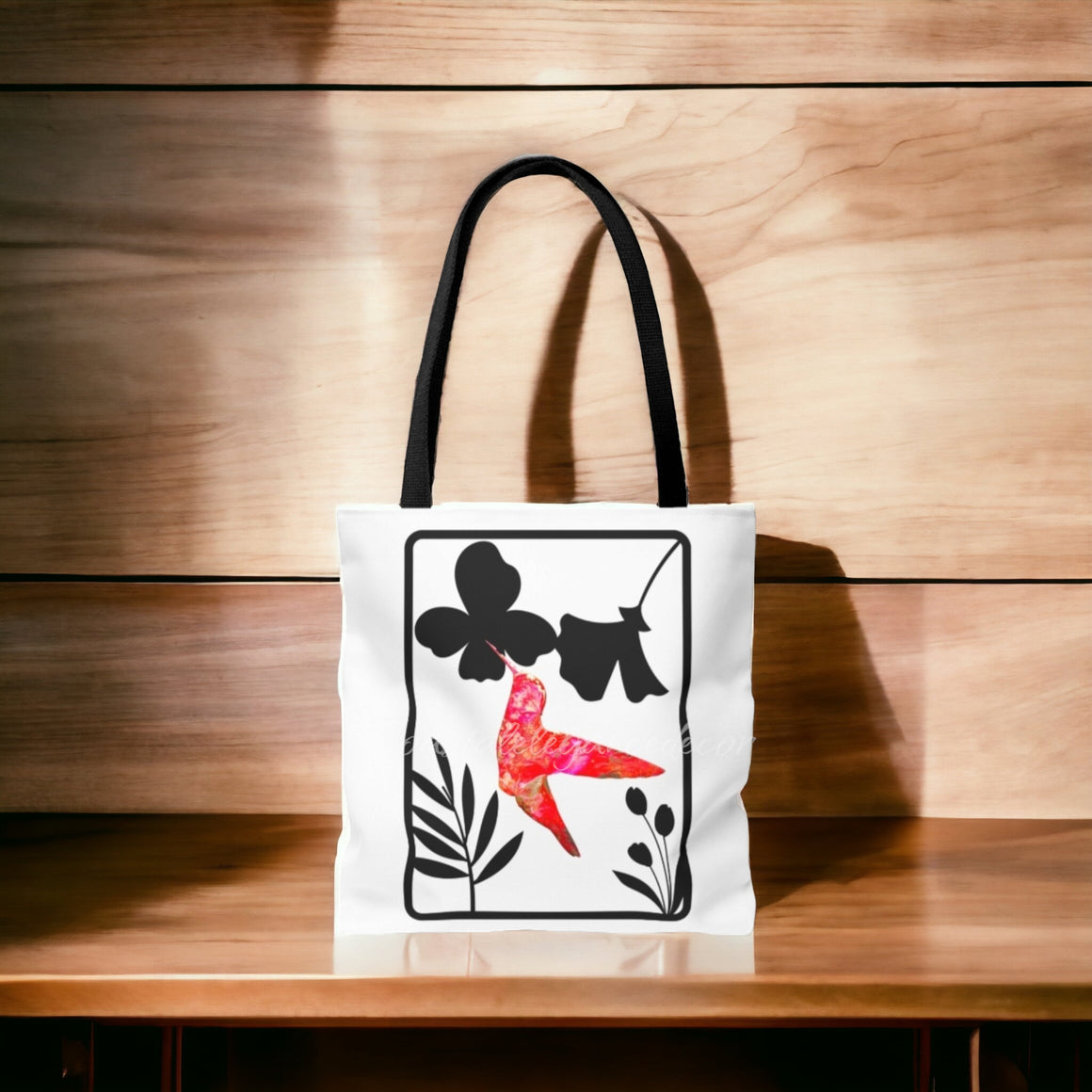 Pink and Orange Hummingbird with Modern Black Flowers Tote Bag 2 sizes