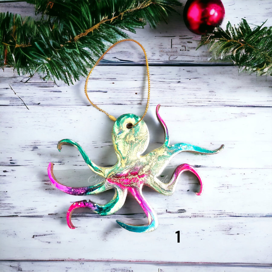 Octopus Coastal Christmas Resin and Wood Ornaments