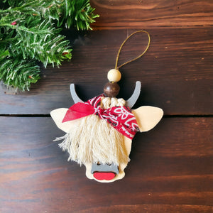 Scottish Girl Cow Barnyard Animal with Hair Bandana and  Lipstick Wooden Ornaments