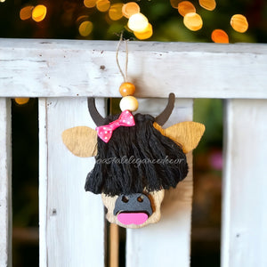 Scottish Girl Cow Barnyard Animal with Polka Dot Hair Bow and Lipstick Wooden Ornaments