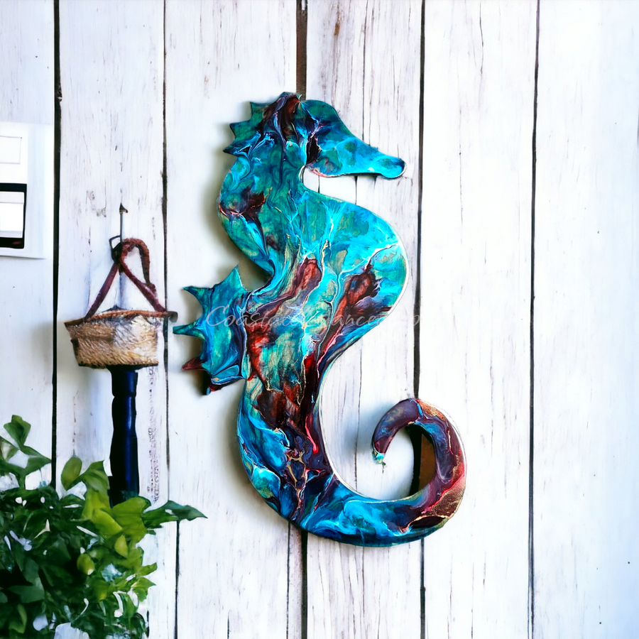 Blue and Deep Red Seahorse Wall Decoration Handcrafted Resin and Wood 14.5 inch