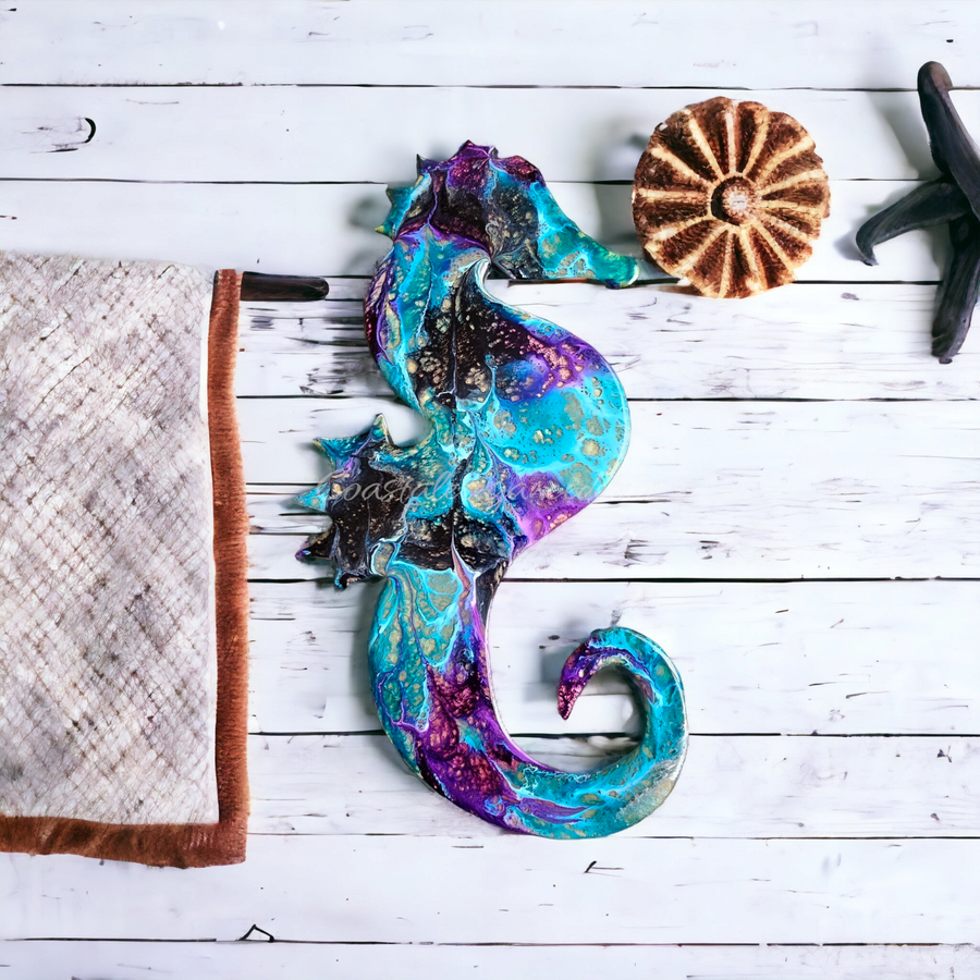Blue and Purple Seahorse Wall Decoration Handcrafted Resin and Wood 12 inch