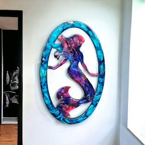 Oval Framed Mermaid Resin on Wood Beach House Decor