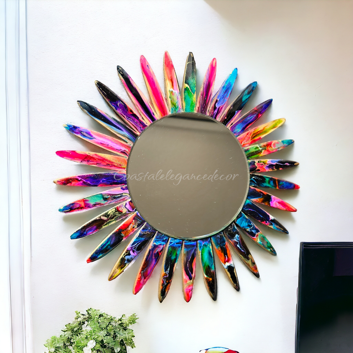 Colorful Sunburst Resin On Wood Unique Wall Mirror
