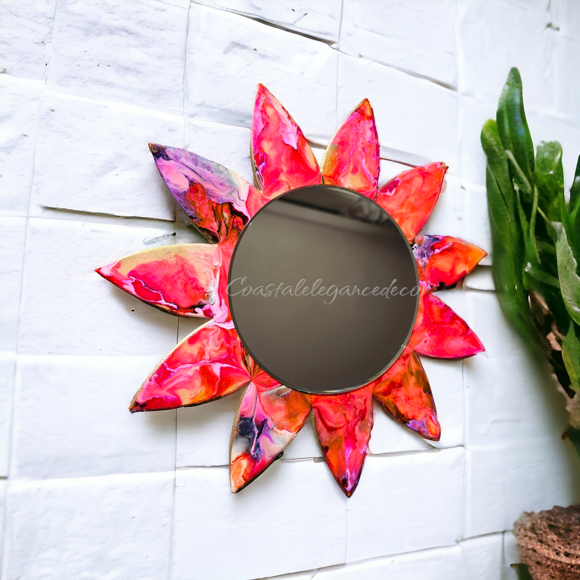 Pink Flower Resin On Wood Unique Wall Mirror
