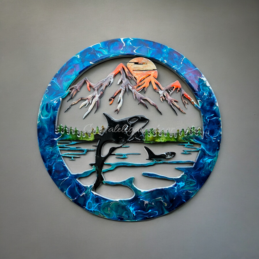 Orca Whales Water With Mountains and Trees Wall Art