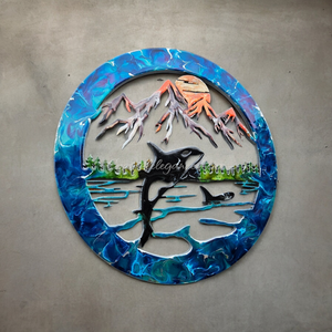 Orca Whales Water With Mountains and Trees Wall Art